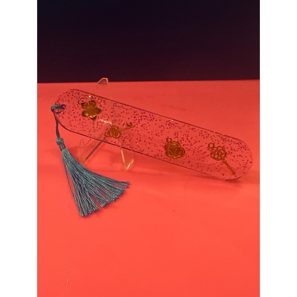 Handmade Pink Glitter Resin Bookmark with Gold Key Charms and Teal Tassel